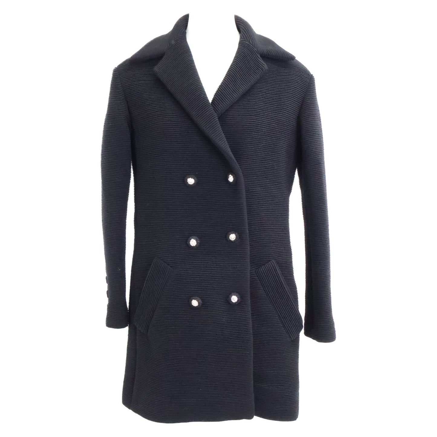 Chanel Wool Silk Lining Lion Button Double Breasted Ribbed Jersey Long Jacket 34