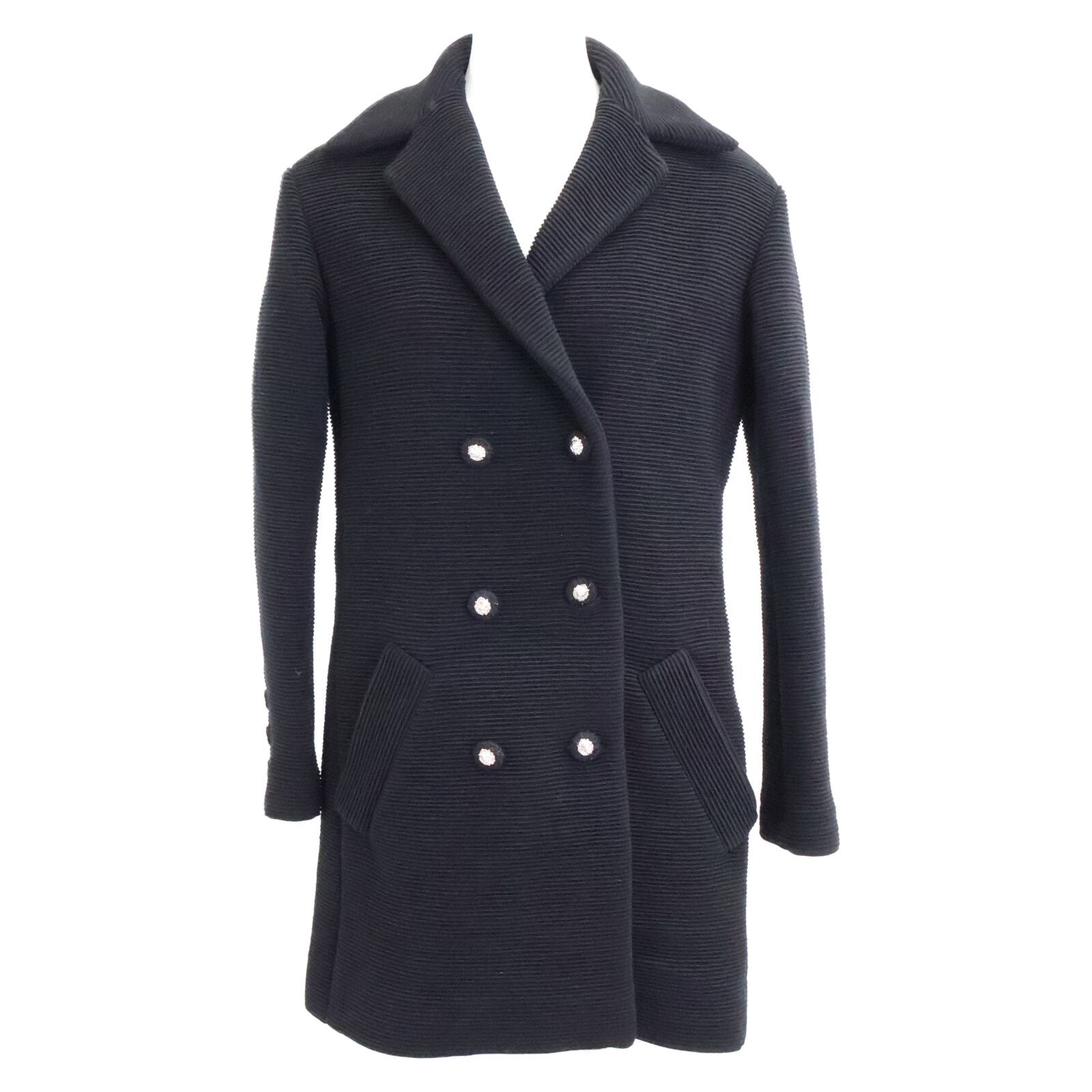 Chanel Wool Silk Lining Lion Button Double Breasted Ribbed Jersey Long Jacket 34