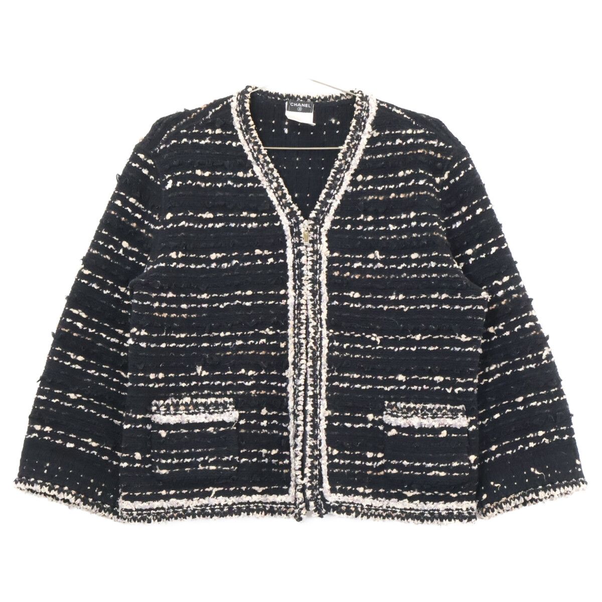 Chanel Zip Up Tweed Collarless Jacket 48