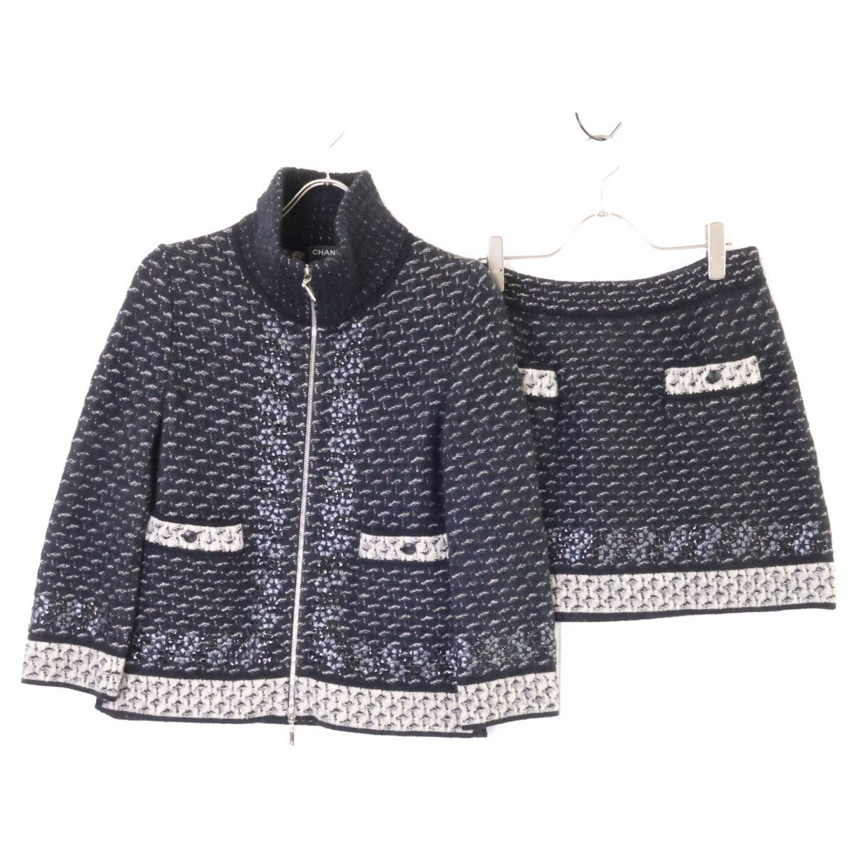 Chanel Cashmere Silk Blend Mohair Knit Zip Jacket Skirt Set