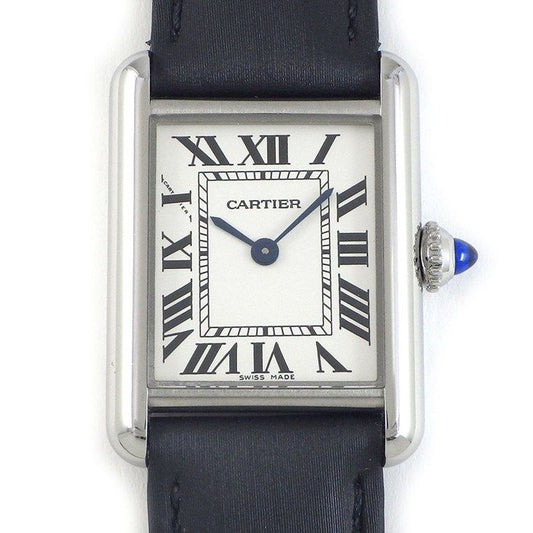 Cartier Watch Tank Must SM Rectangular Silver Dial Black Leather SS Quartz