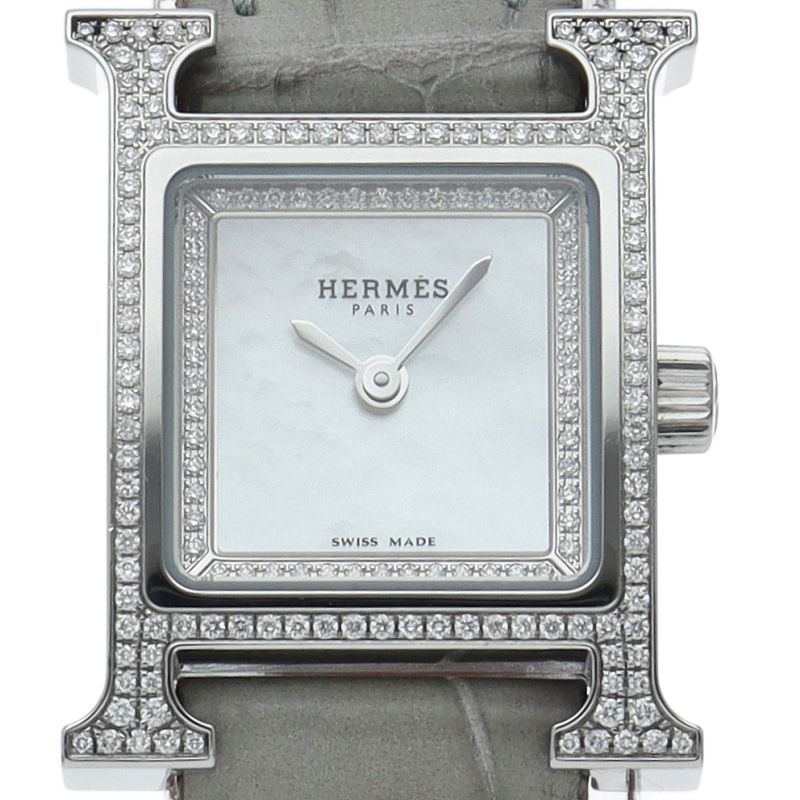 Hermes Watch Mini Diamond Bezel Shell SS Leather White