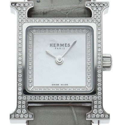 Hermes Watch Mini Diamond Bezel Shell SS Leather White