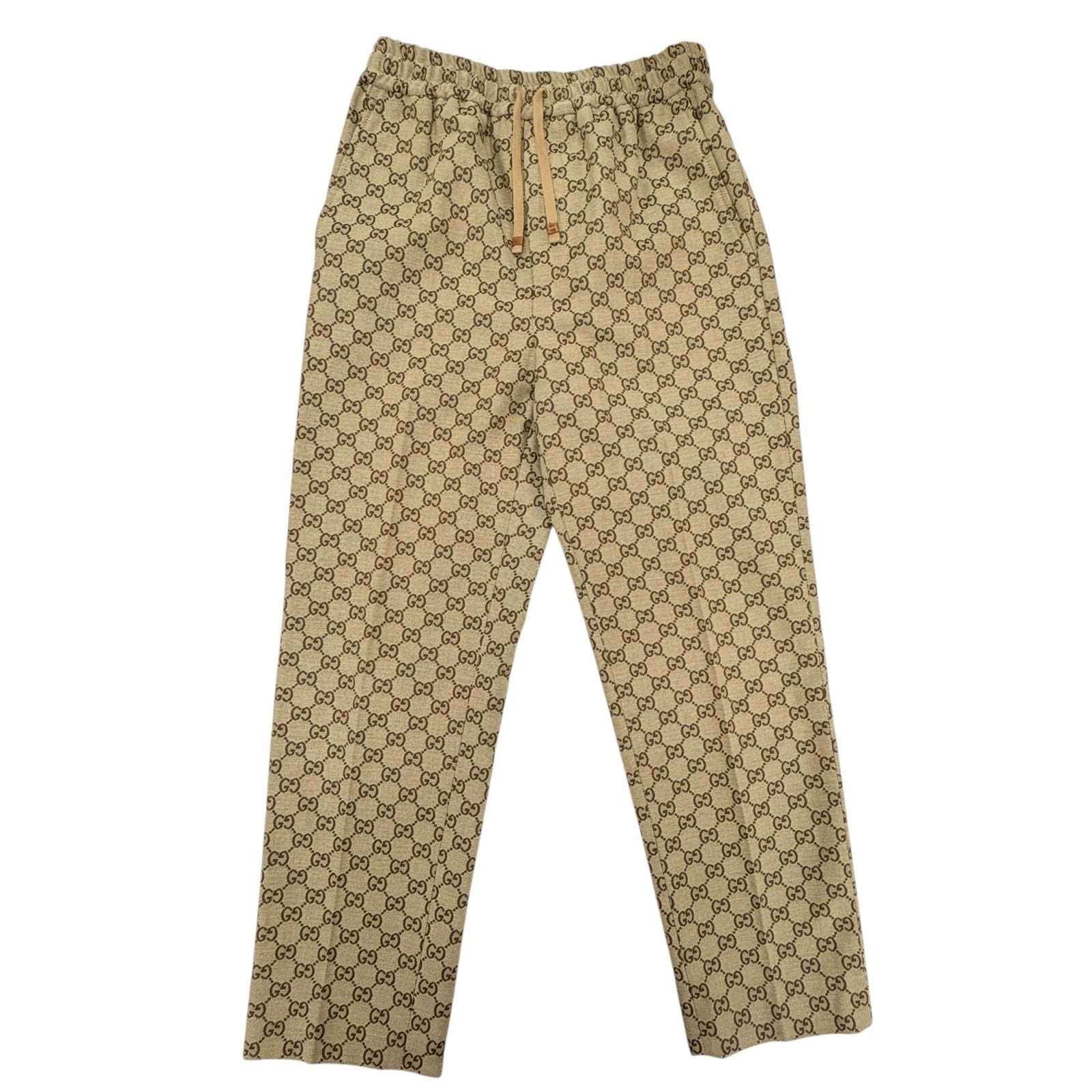 Gucci Cotton Logo Buttoned GG Allover Pattern Leather Easy Pants Jogger Brown 44