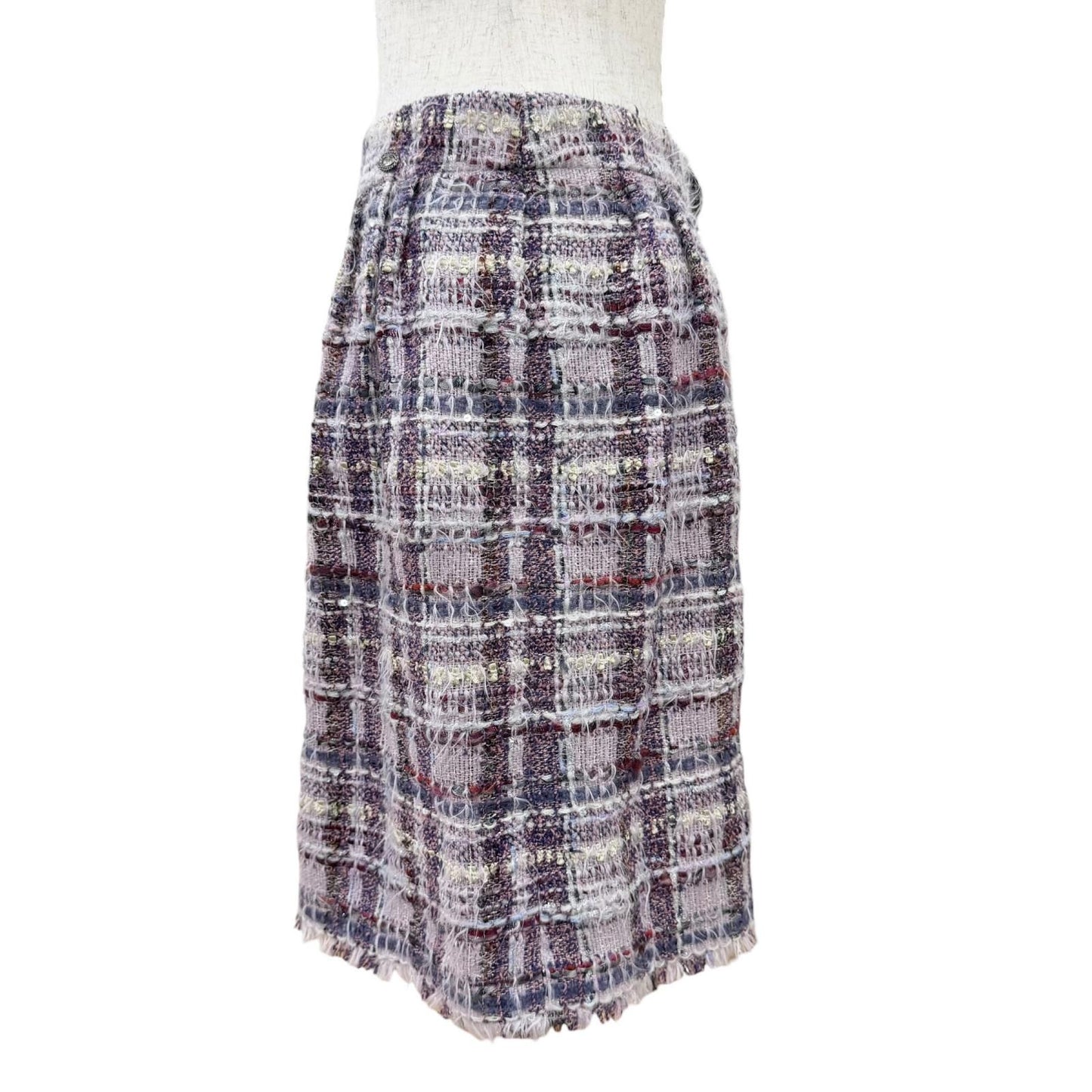 Chanel Coco Button Lame Thread Sequins Mohair Blend Tweed Skirt Purple 36 — view 3