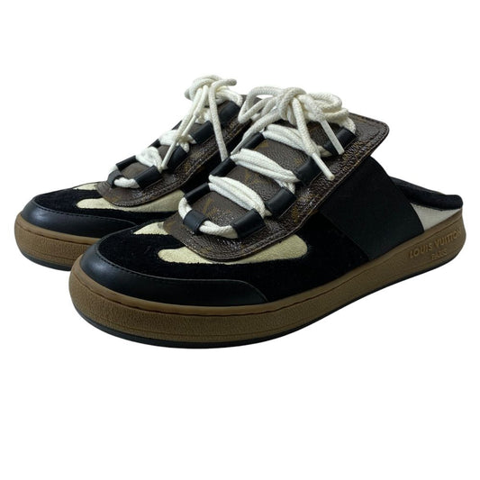 Louis Vuitton Line Sneakers Slip on Sandals Suede Monogram Black: 37.5