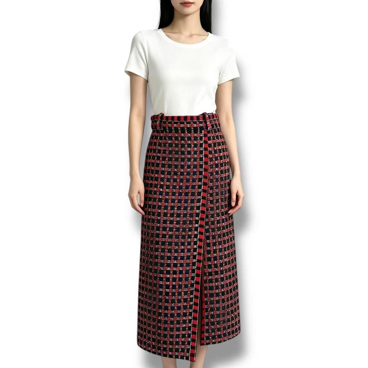 Chanel Knit Long Skirt Plaid Pattern Black Red 38