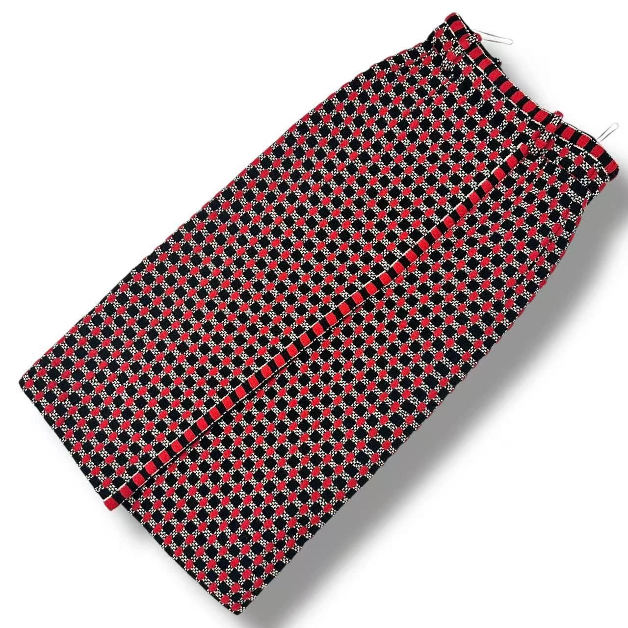 Chanel Knit Long Skirt Plaid Pattern Black Red 38 — view 2