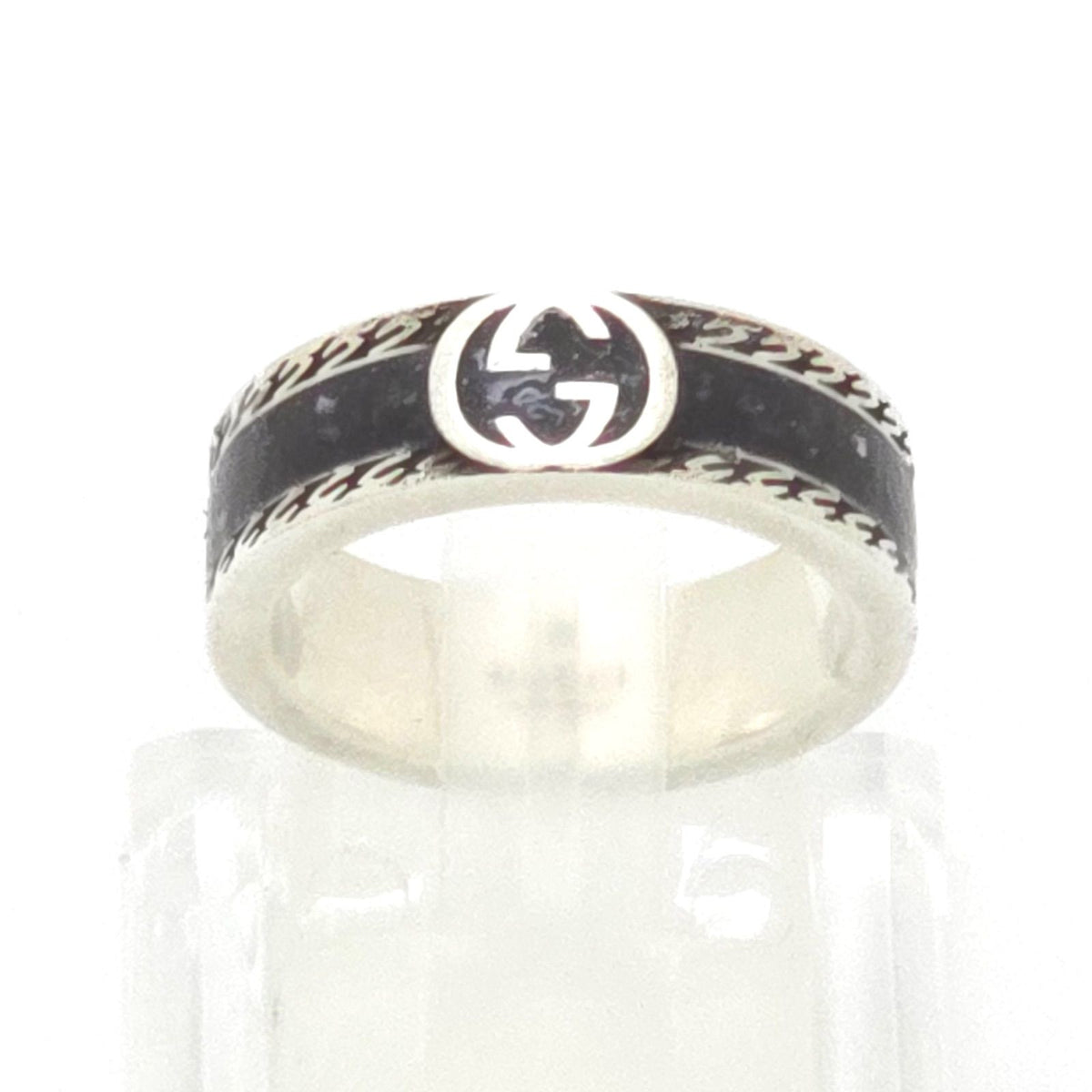 Gucci Interlocking G Enamel Ring Black Color Sterling Silver Aged Finish