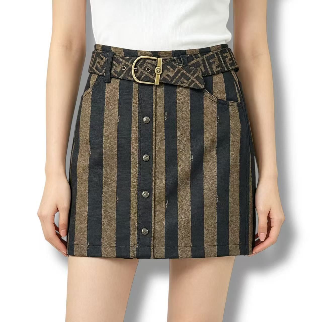 Fendi Zucca Pattern FF Logo with Belt Mini Skir Brown Black 44 Skirt