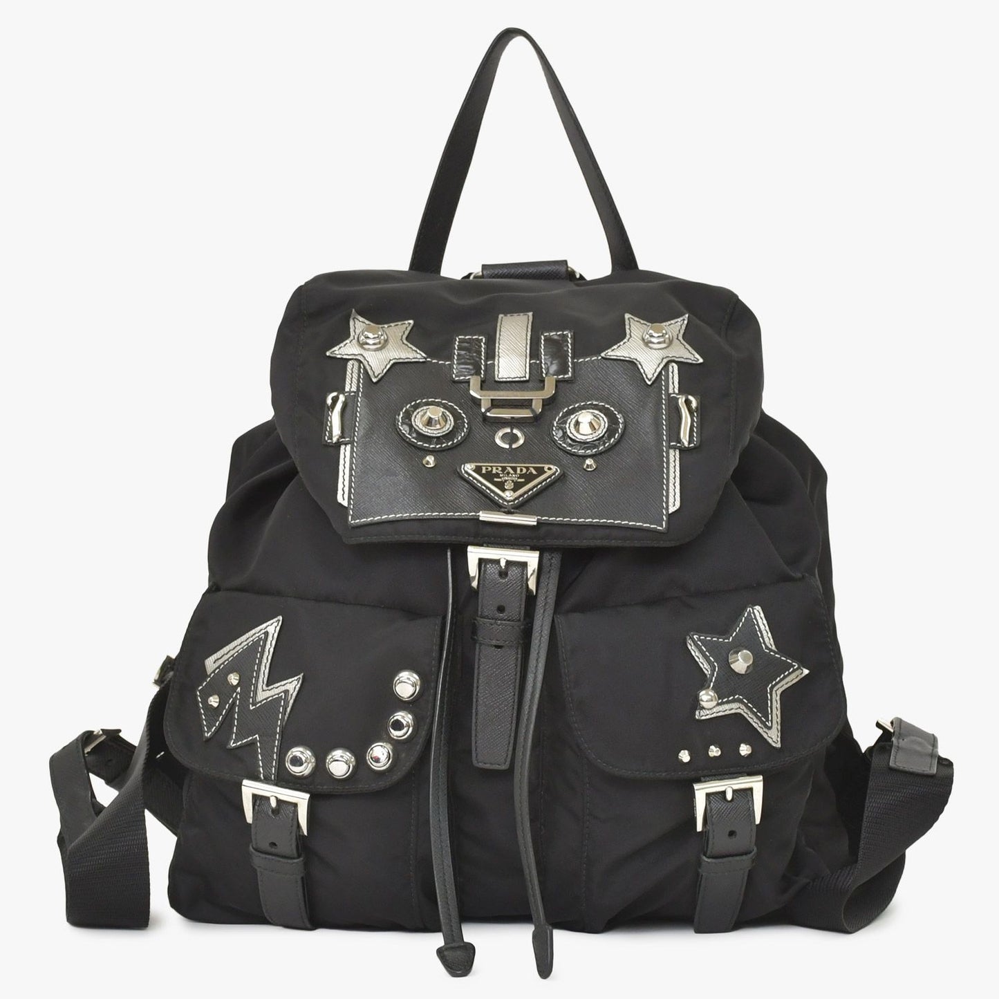 Prada Tessuto Nylon Robot Backpack Saffiano Leather Studs Metal Black