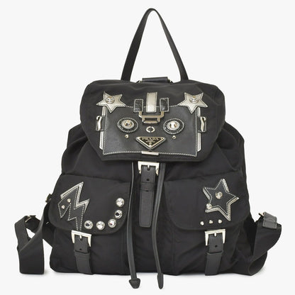 Prada Tessuto Nylon Robot Backpack Saffiano Leather Studs Metal Black