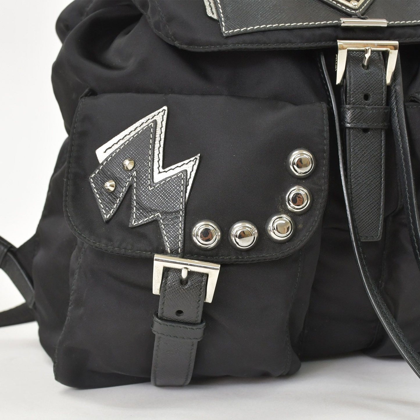 Prada Tessuto Nylon Robot Backpack Saffiano Leather Studs Metal Black — view 5
