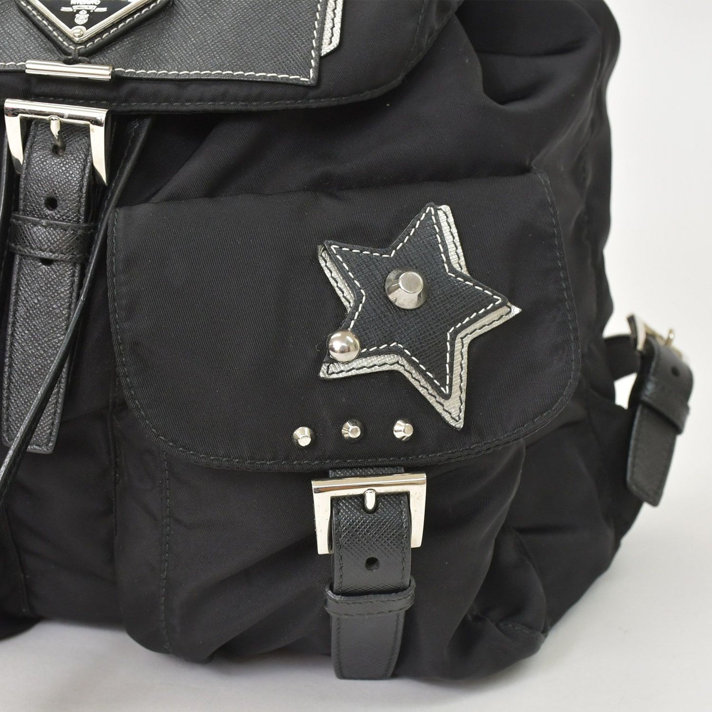 Prada Tessuto Nylon Robot Backpack Saffiano Leather Studs Metal Black — view 6