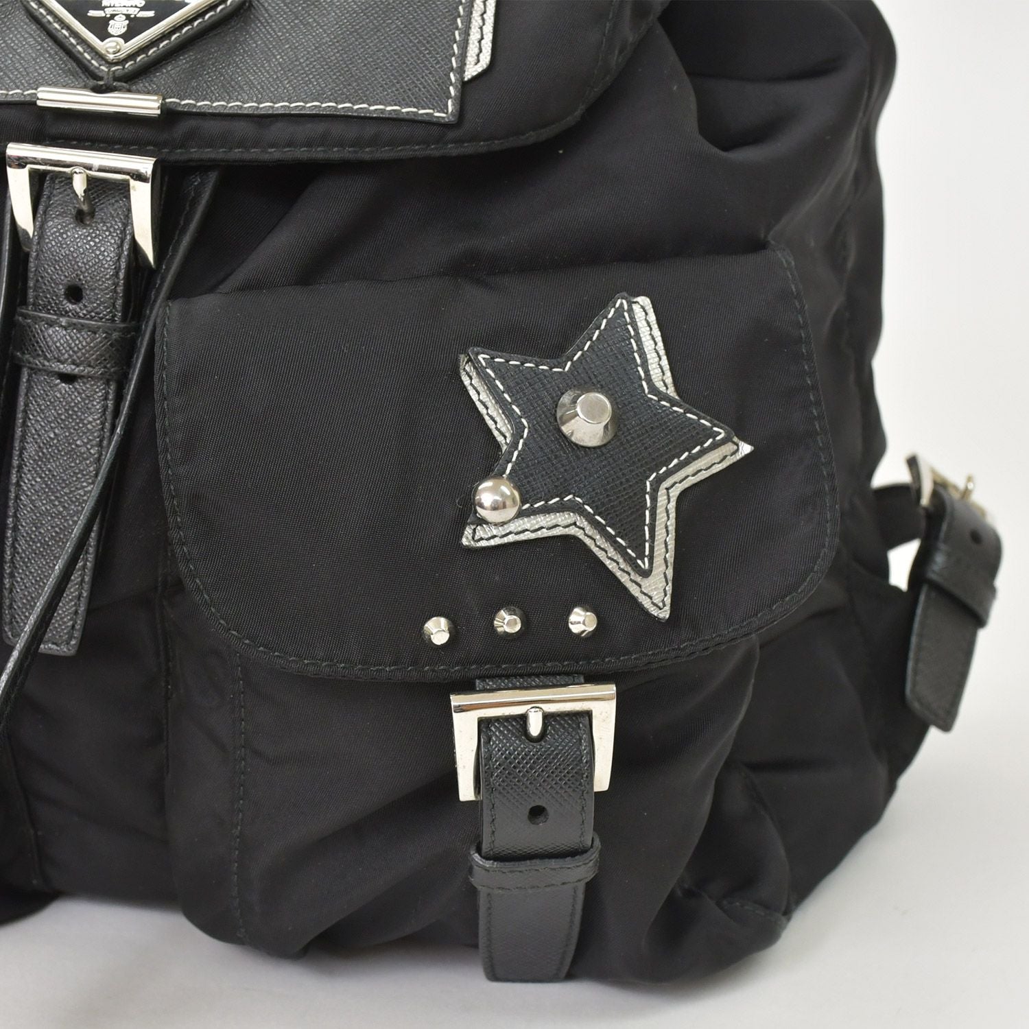 Prada Tessuto Nylon Robot Backpack Saffiano Leather Studs Metal Black — view 6