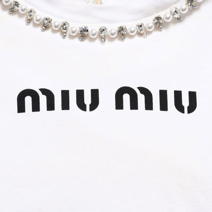 Miu Miu Crystal Cropped Long Sleeve T-Shirt Striped Rhinestone Light Blue XS — view 7