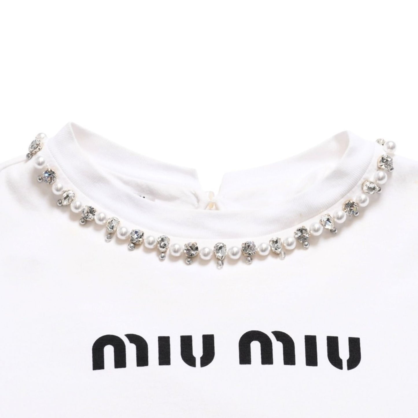 Miu Miu Crystal Cropped Long Sleeve T-Shirt Striped Rhinestone Light Blue XS — view 3