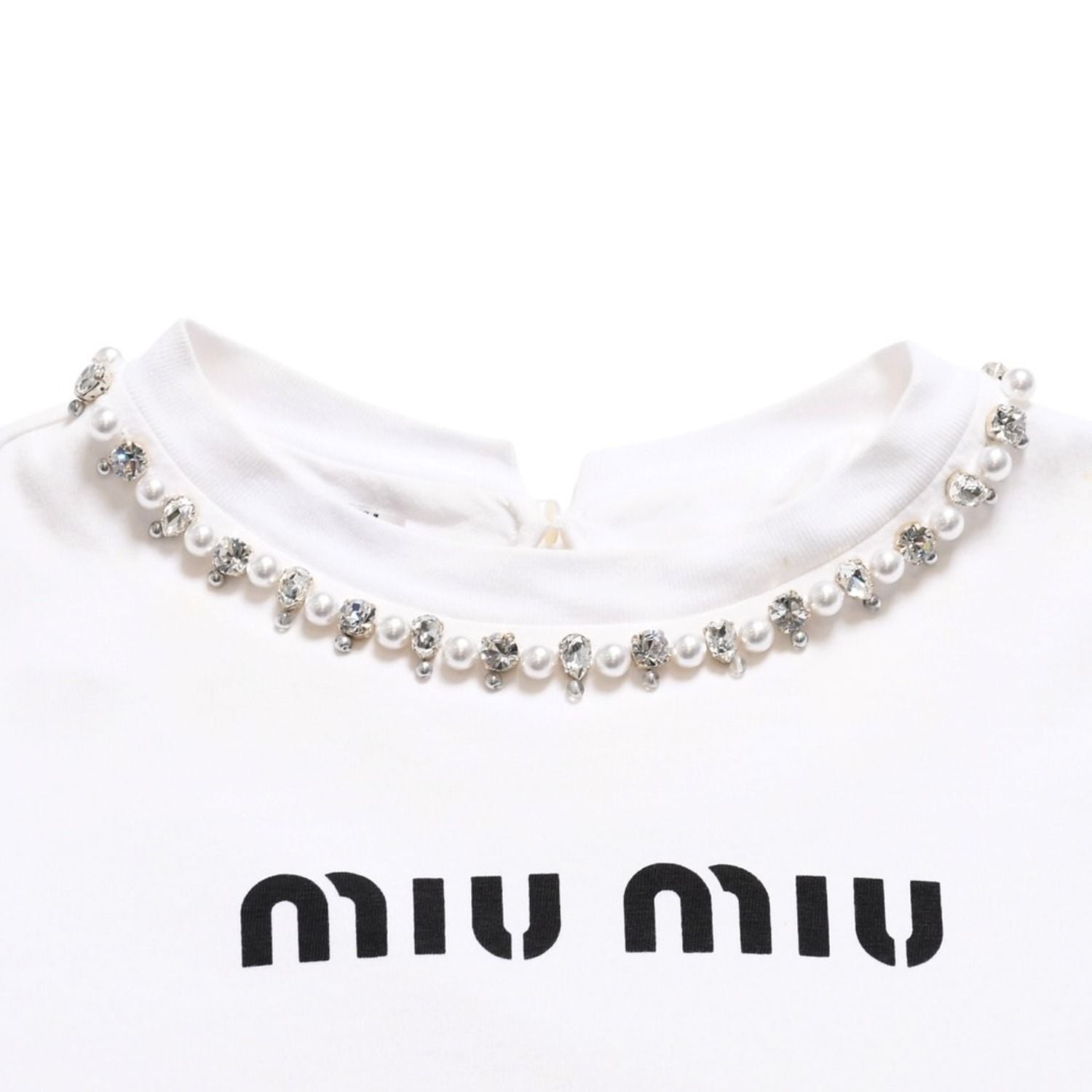 Miu Miu Crystal Cropped Long Sleeve T-Shirt Striped Rhinestone Light Blue XS — view 3