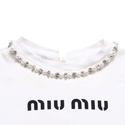 Miu Miu Crystal Cropped Long Sleeve T-Shirt Striped Rhinestone Light Blue XS — view 3