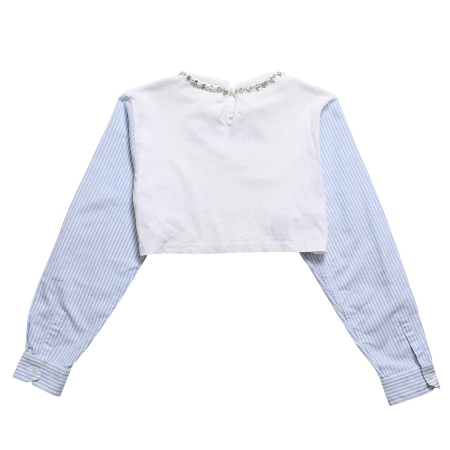 Miu Miu Crystal Cropped Long Sleeve T-Shirt Striped Rhinestone Light Blue XS — view 2