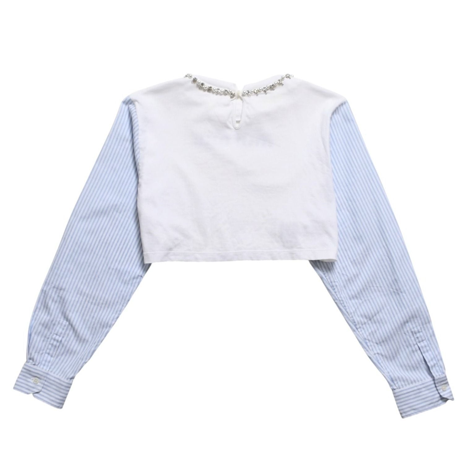 Miu Miu Crystal Cropped Long Sleeve T-Shirt Striped Rhinestone Light Blue XS — view 2