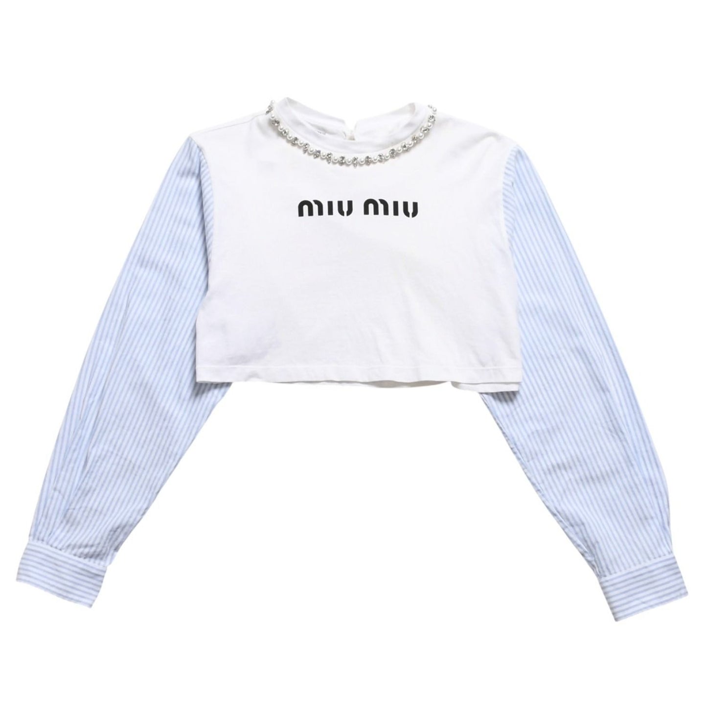 Miu Miu Crystal Cropped Long Sleeve T-Shirt Striped Rhinestone Light Blue XS