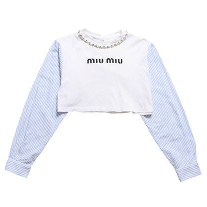 Miu Miu Crystal Cropped Long Sleeve T-Shirt Striped Rhinestone Light Blue XS