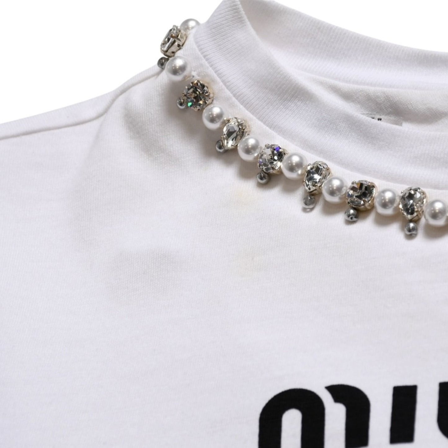Miu Miu Crystal Cropped Long Sleeve T-Shirt Striped Rhinestone Light Blue XS — view 8