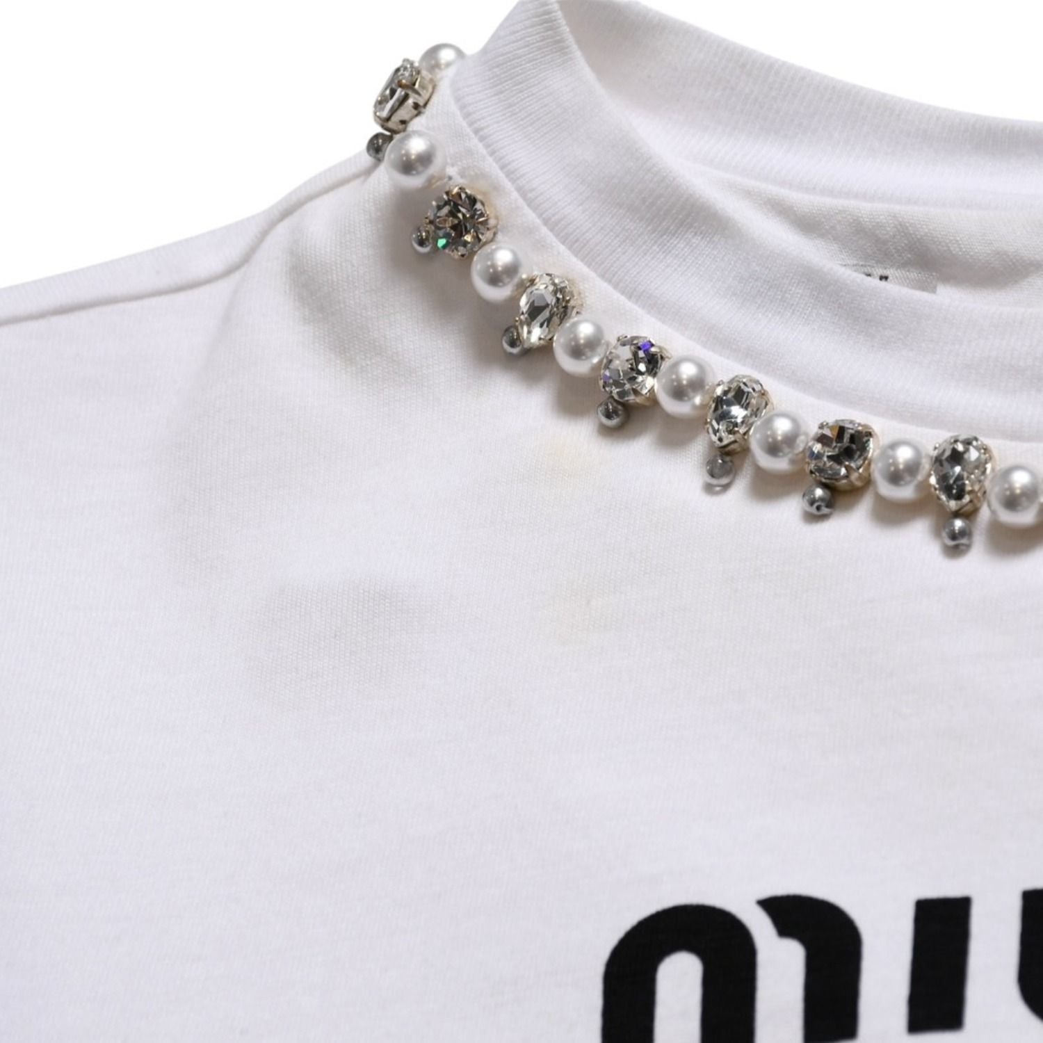 Miu Miu Crystal Cropped Long Sleeve T-Shirt Striped Rhinestone Light Blue XS — view 8