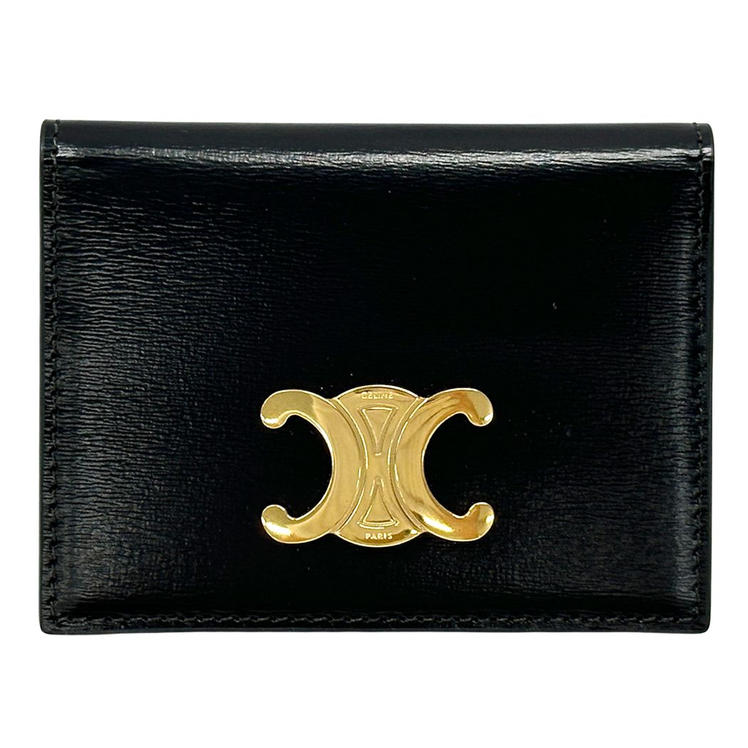 Celine Card Case Shiny Calfskin Bifold Triomphe Holder Black Gold Small Compact