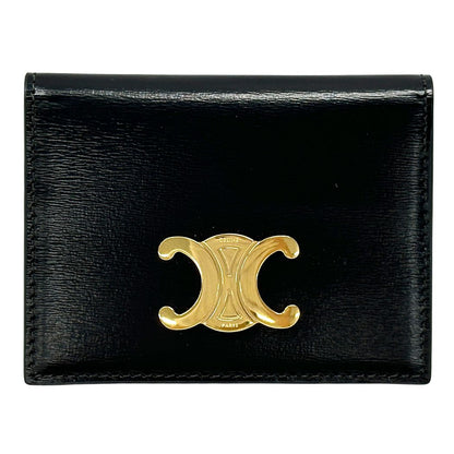 Celine Card Case Shiny Calfskin Bifold Triomphe Holder Black Gold Small Compact