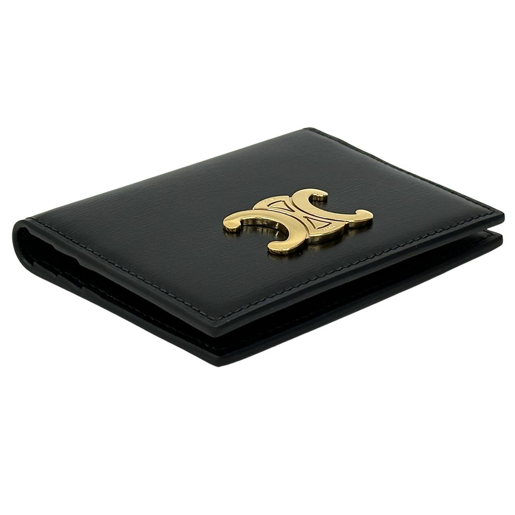 Celine Card Case Shiny Calfskin Bifold Triomphe Holder Black Gold Small Compact — view 3
