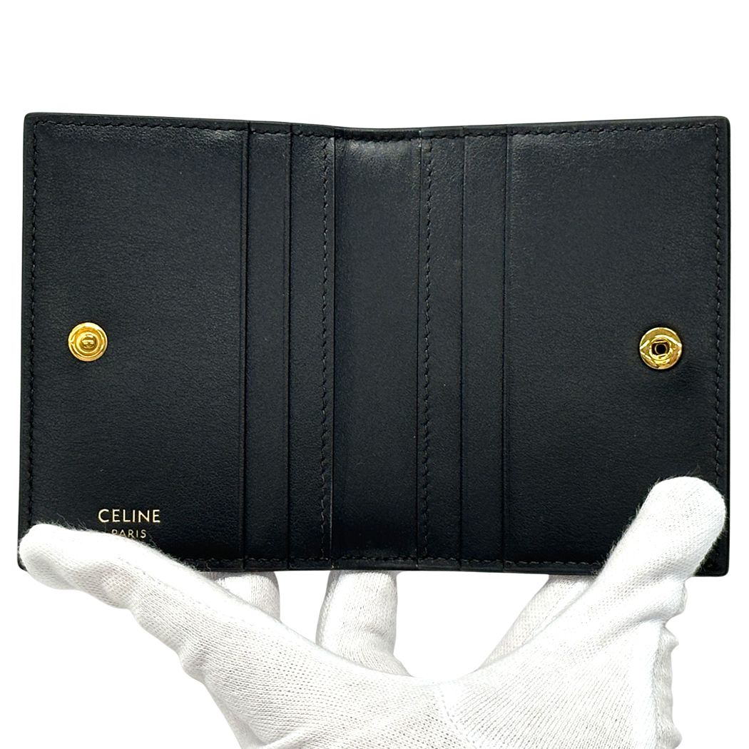 Celine Card Case Shiny Calfskin Bifold Triomphe Holder Black Gold Small Compact — view 4