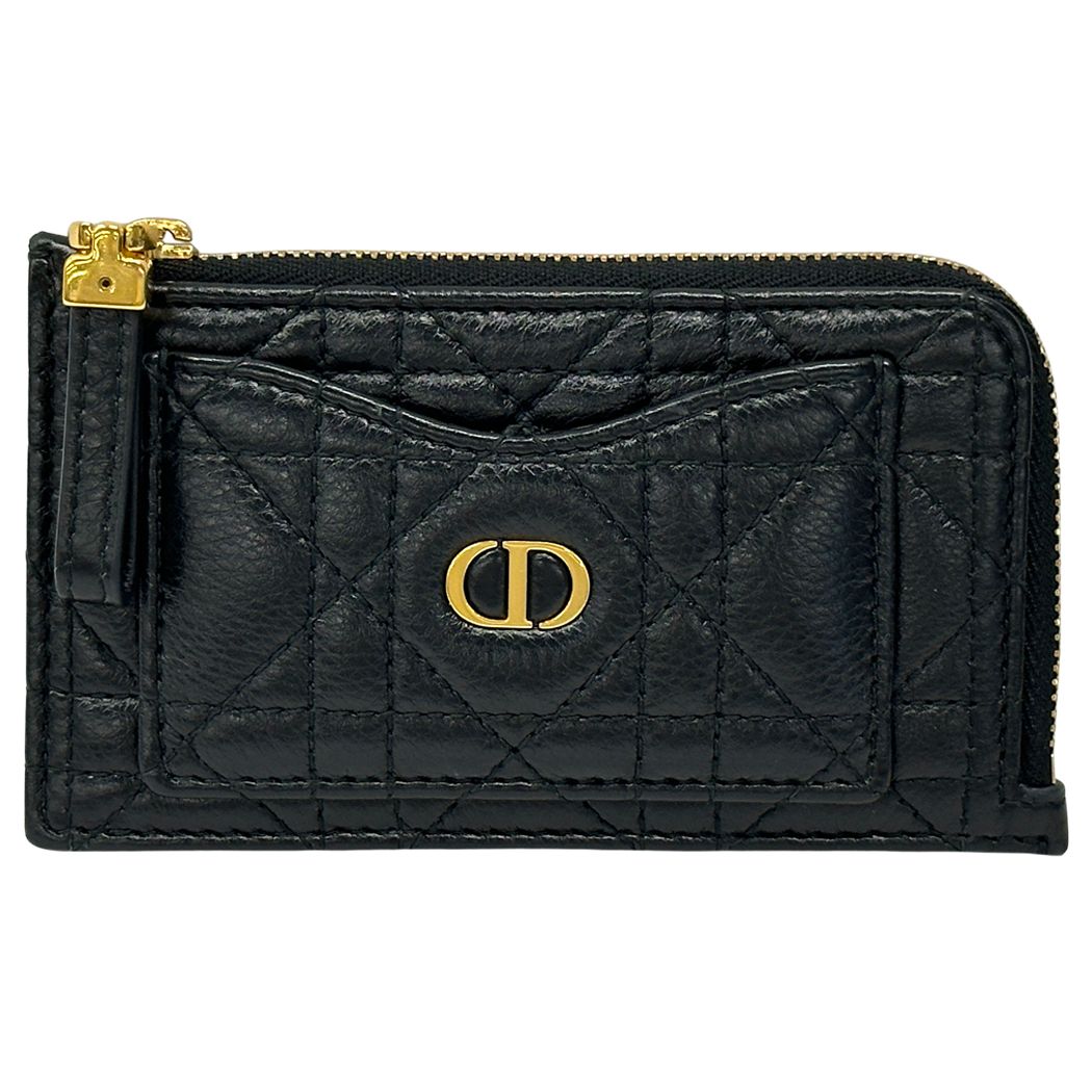 Dior Wallet Coin Case Leather Calo Cosmos Zip Card Holder Black Gold Compact