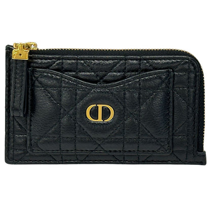 Dior Wallet Coin Case Leather Calo Cosmos Zip Card Holder Black Gold Compact
