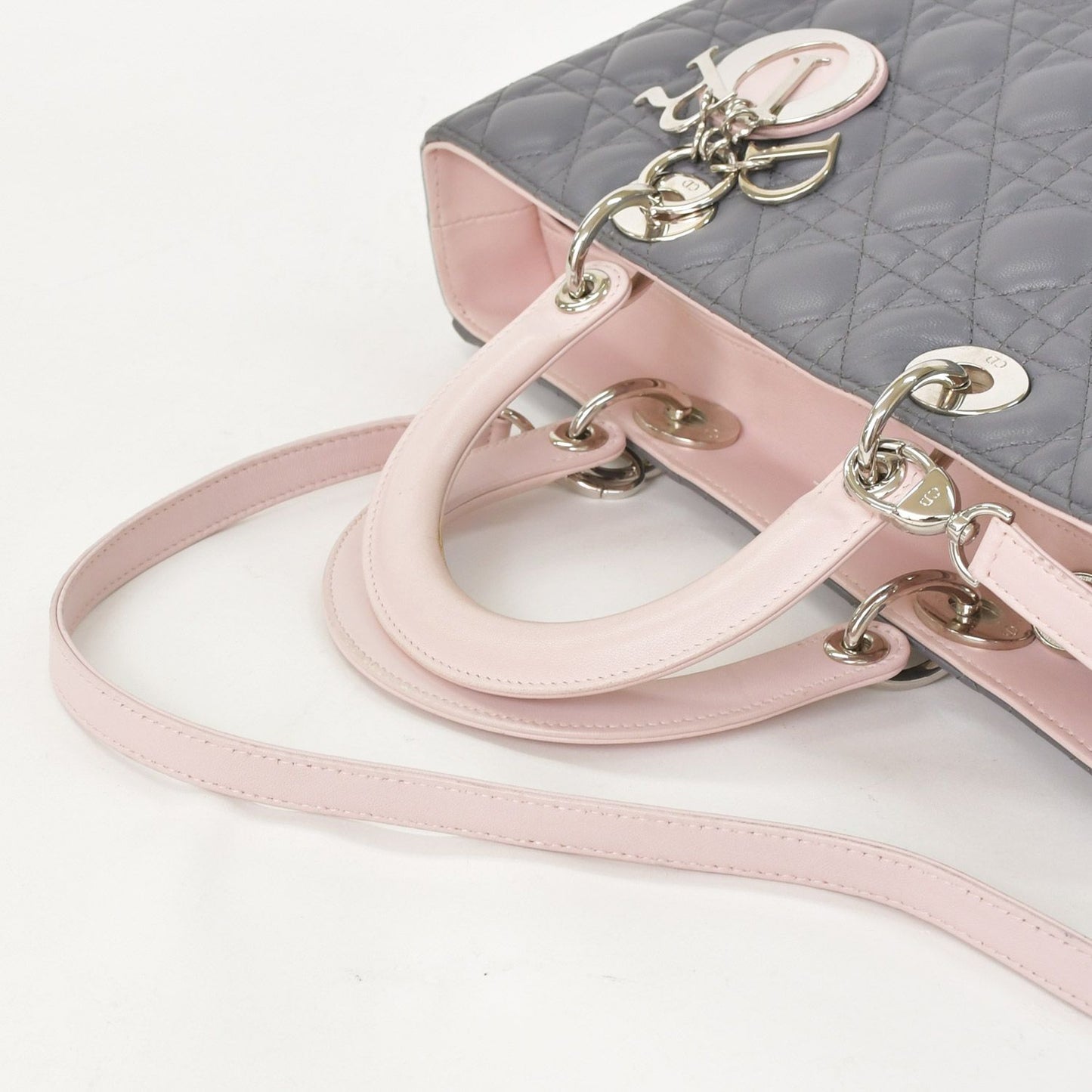 Dior Lady Large Tricolor Handbag 2-Way Gray Pink Light Blue Lambskin — view 7