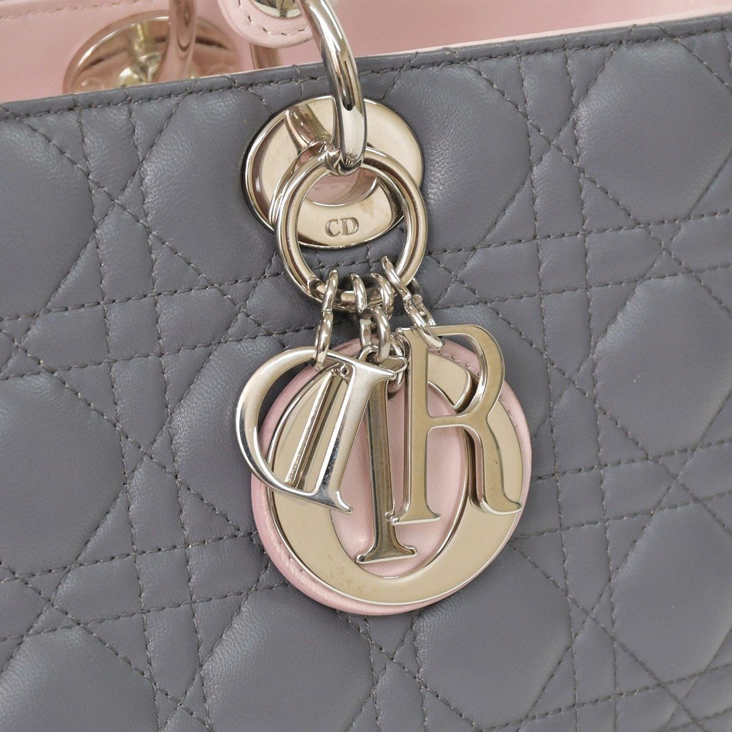Dior Lady Large Tricolor Handbag 2-Way Gray Pink Light Blue Lambskin — view 4