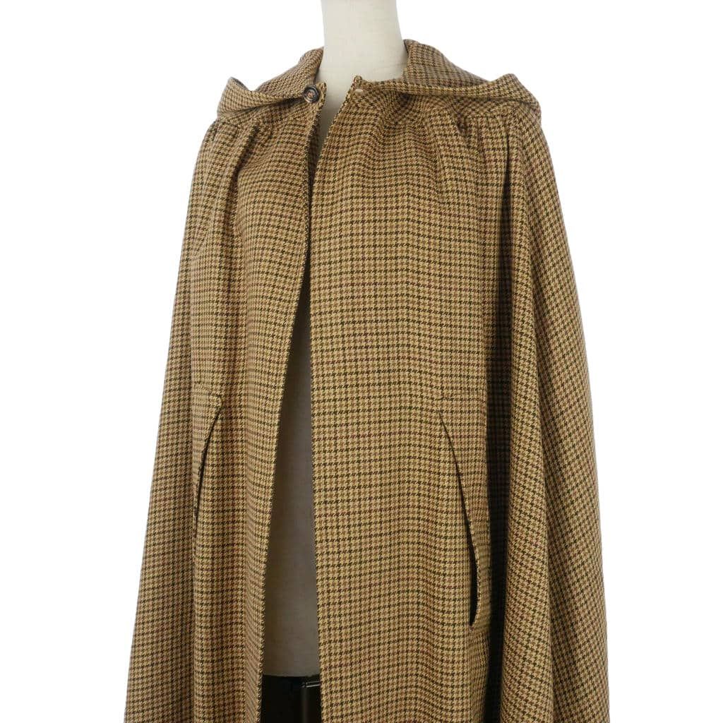 Celine Houndstooth Pattern Gathered Cape with Hood Long Length 34 Brown — view 3
