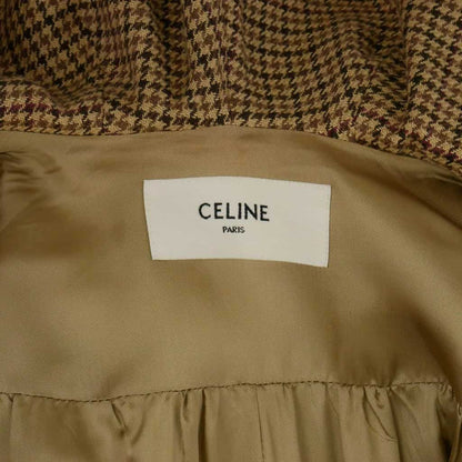 Celine Houndstooth Pattern Gathered Cape with Hood Long Length 34 Brown — view 6