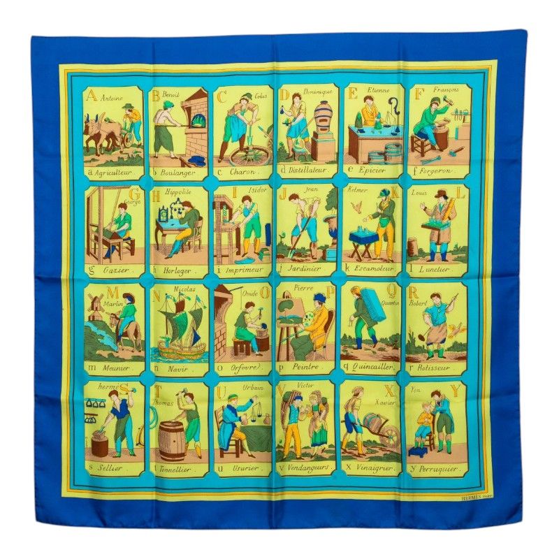 Hermes Carre 90 L'alphabet Des Metiers the Abcs of Work Scarf Large Blue