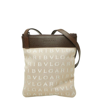 Bvlgari Logo Mania Shoulder Bag Beige Brown Canvas Leather