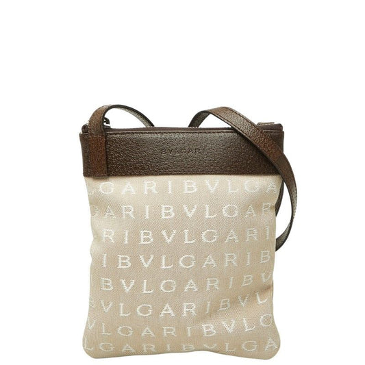 Bvlgari Logo Mania Shoulder Bag Beige Brown Canvas Leather