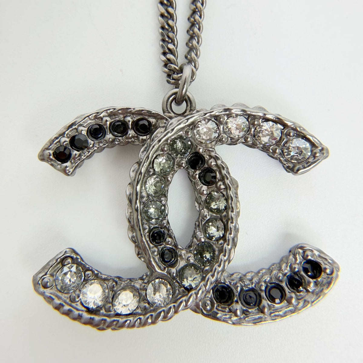 Chanel CC Logo Necklace Plated Rhinestone Silver Vintage — view 3