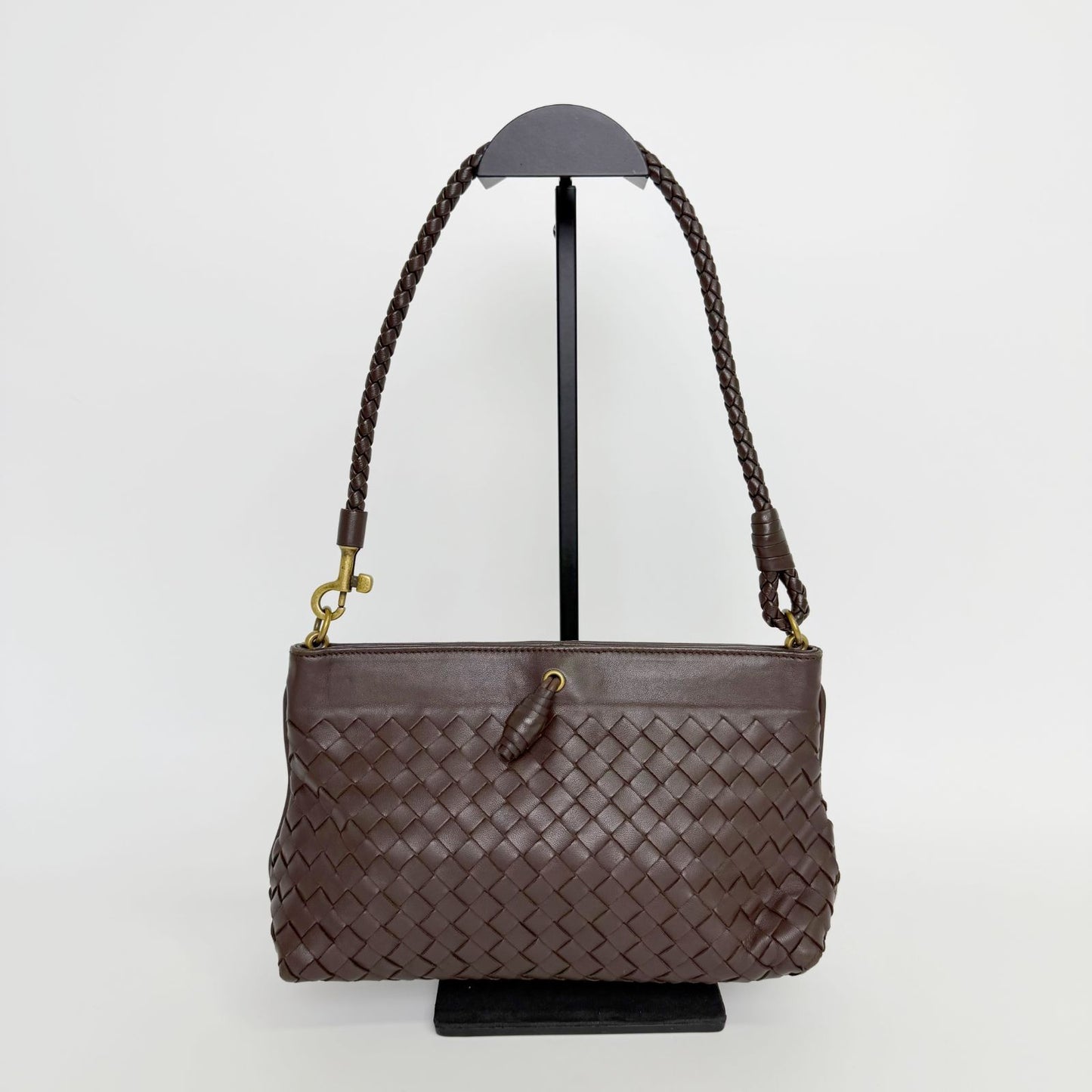 Bottega Veneta Intrecciato Shoulder Bag Leather Brown Gold Vintage — view 2