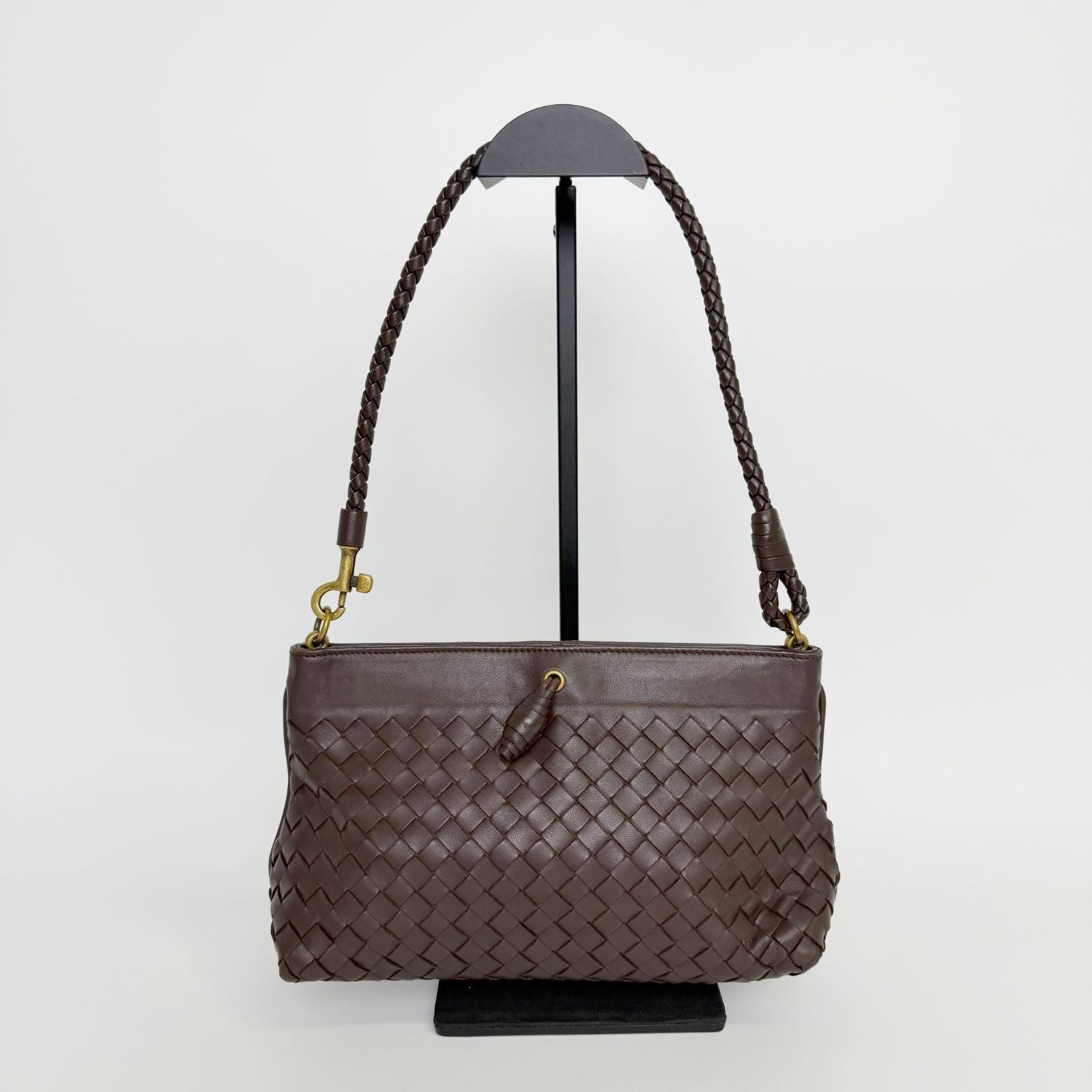 Bottega Veneta Intrecciato Shoulder Bag Leather Brown Gold Vintage — view 2
