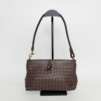 Bottega Veneta Intrecciato Shoulder Bag Leather Brown Gold Vintage — view 2
