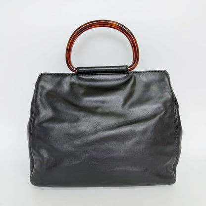 Chanel CC Logo Tortoiseshell Handle Handbag Leather Black Vintage — view 4
