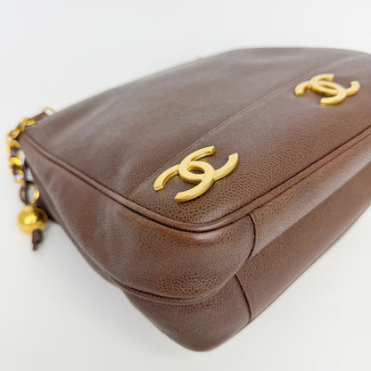 Chanel CC Logo Charm Chain Shoulder Bag Caviar Leather Brown Gold Vintage — view 8