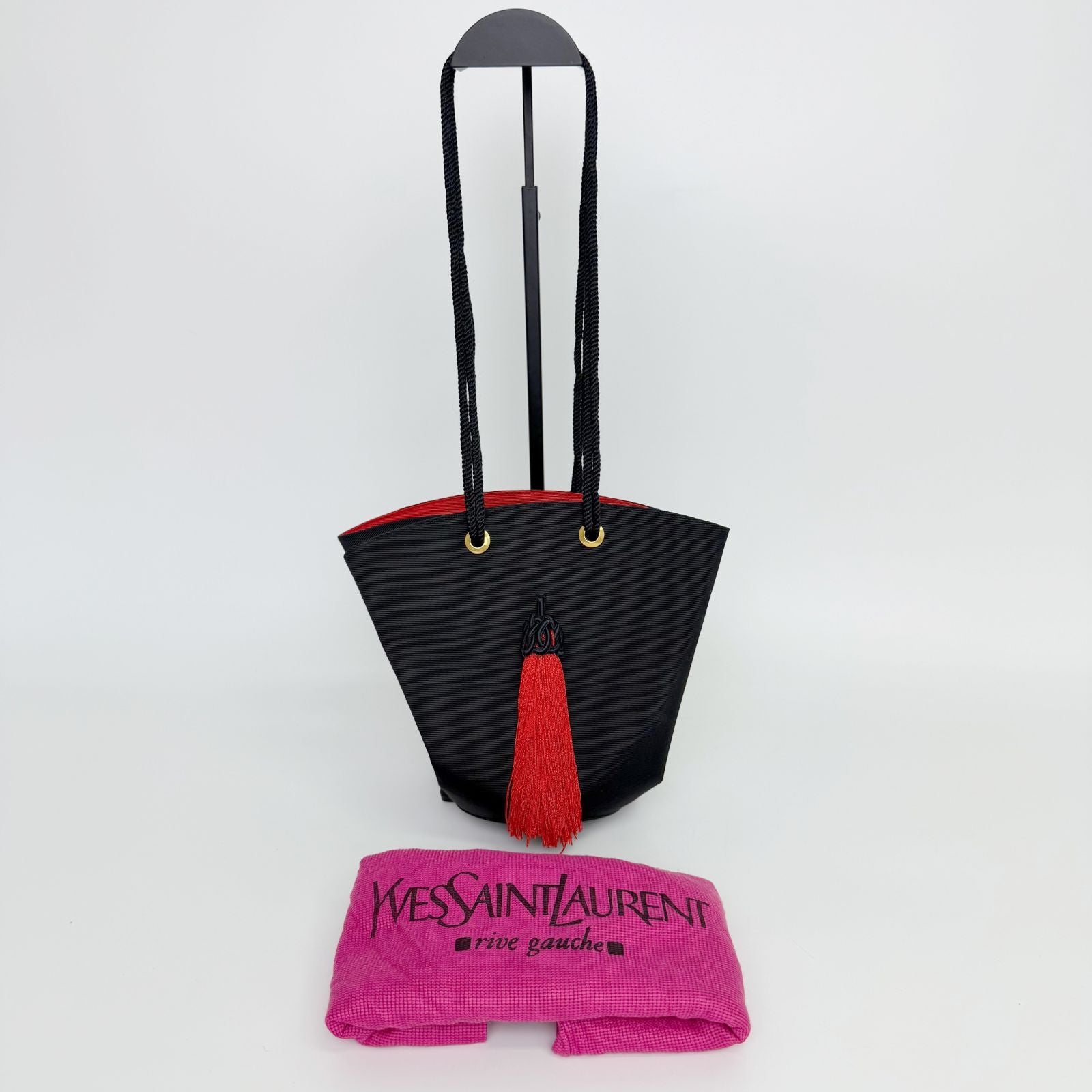 Saint Laurent Rib Fabric Tassel Shoulder Bag Canvas Black Red Gold Vintage — view 2