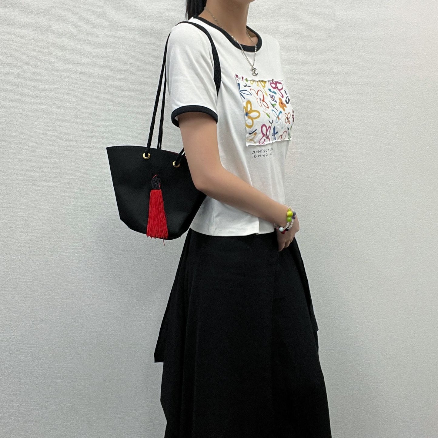 Saint Laurent Rib Fabric Tassel Shoulder Bag Canvas Black Red Gold Vintage